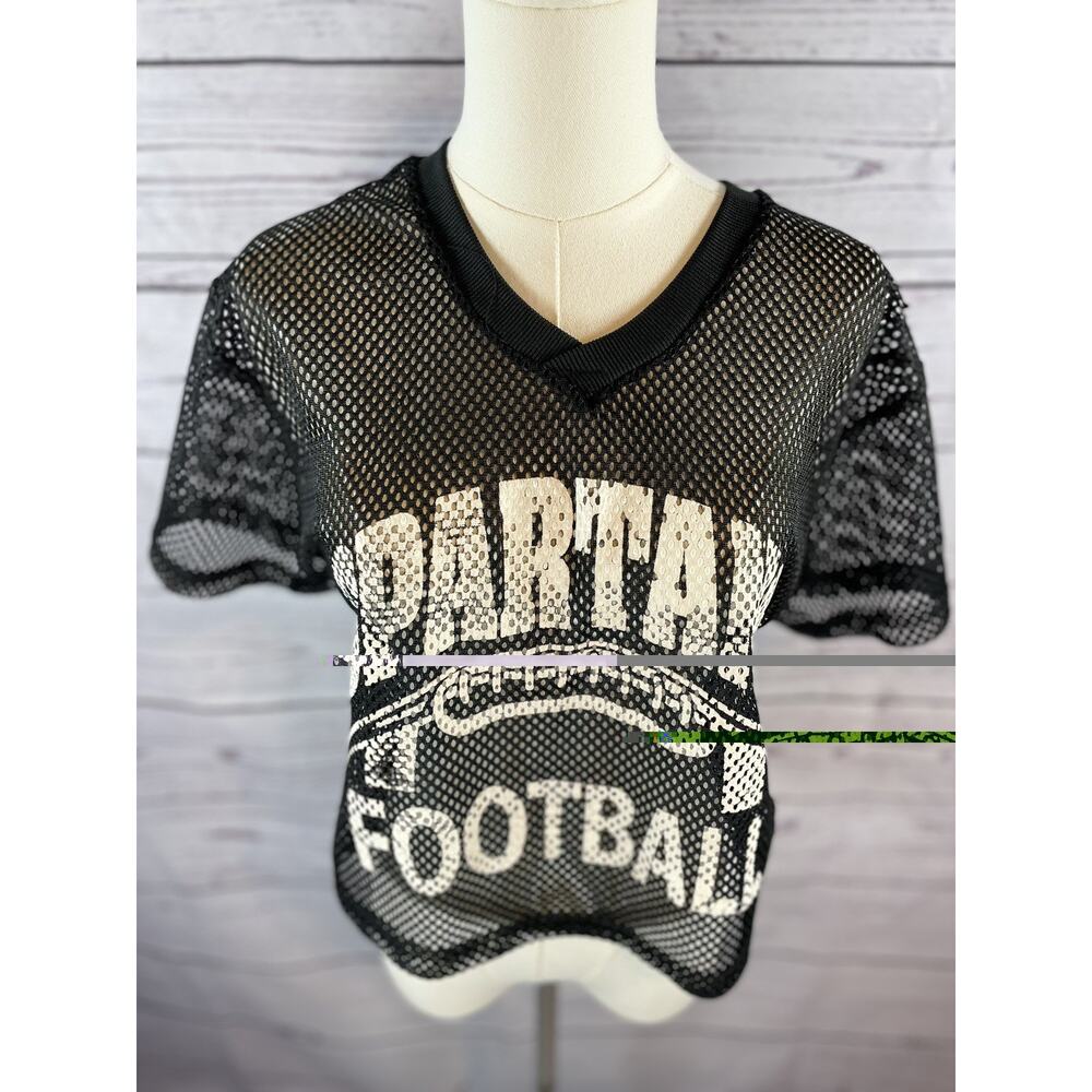 Vintage Spartans Football Mesh Jersey Crop Top Youth Medium Black Graphic Tee - Picture 2 of 5